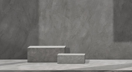Two empty rectangle podiums on mockup stage cement loft wall room studio backdrop for product...