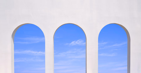 Row of 3 white Tuscany arch wall of modern coffee shop against clouds on blue sky background in minimal style, exterior architecture backdrop designの写真素材