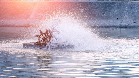Aerator turbine wheel is working to increase oxygen into the water in pond, Water treatment concept.の写真素材