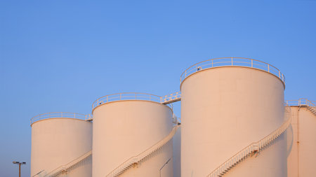 Group of white storage fuel tanks in petrochemical depot refinery area with orange sunlight on...