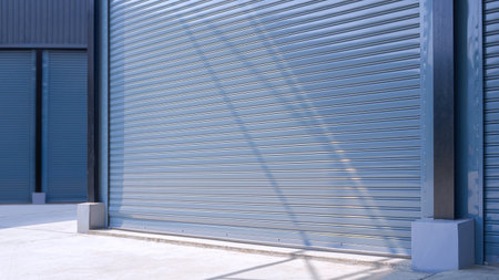 Automatic gray roller shutter entrance door of industrial warehouse building in factory area, perspective side viewの写真素材