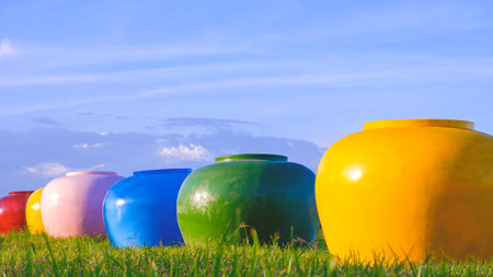 Row of large colorful clay water jars on green lawn against blue sky background, Repurposing group...