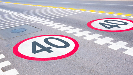 Speed limit sign and safety rumble stripe traffic white and yellow lines on asphalt road surface