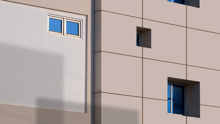Modern office building with geometric lines pattern of glass windows on beige aluminum composite...