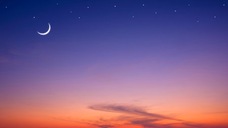 Night Sky Ramadan Background with Crescent Moon and star on Dramatic Dark Blue Orange Twilight sky with copy Space for edit text in Mubarak Holy month, Islamic New Yearの写真素材