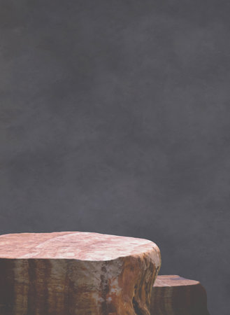 Rock stone podium stand on dark gray concrete loft interior wall background with copy space, Product mockup stage display vertical presentation in vintage style backdropの写真素材