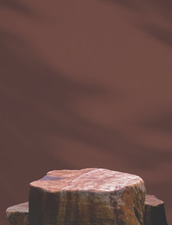 Rock stone podium stand with light and shadow on mocha mousse color trend 2025 interior wall vertical background with copy space, Product mockup stage display presentationの写真素材