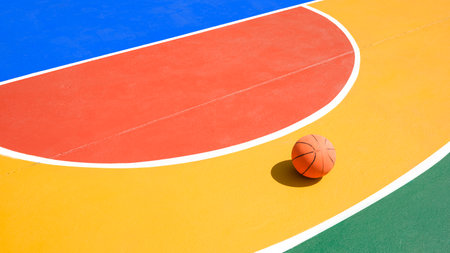 Colorful pattern of outdoors basketball court with basketball on concrete floor surface, sport field backgroundの写真素材