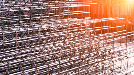 Group of steel casting reinforced concrete bar in construction site, construction material for used...