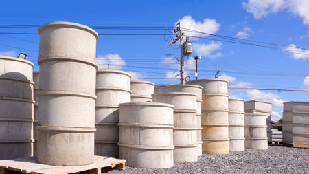 Group of concrete well rings with different diameters stacked on the ground outside