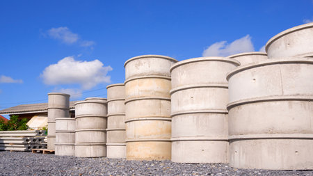 Group of concrete well rings with different diameters stacked on the ground outside of hardware storeの写真素材