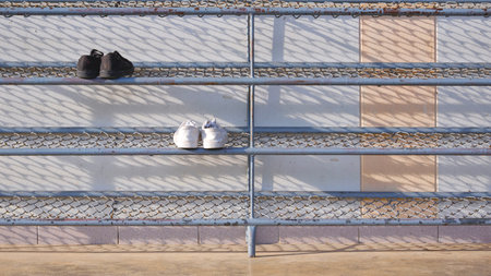Two black and white sneakers on shoe rack in front of classroom with light and shadow on surface