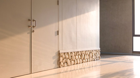 Gray door and smartboard wall room with light and shadow on corridor surface inside of modern...