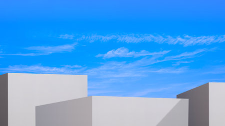 Backdrop Geometric White Podiums Steps against Blue Summer Sky, Minimal 3d Platform Stand Background for Cosmetic Product Display Presentation, illustrationの写真素材