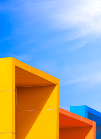 Minimal geometric exterior architecture background design, Colorful aluminium composite tile wall of modern buildings with blue sky in manipulation technique, Perspective side view and vertical frameの写真素材