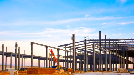 Metal structure of factory industrial building framework with crane truck and construction material on the ground in construction site area against blue evening sky backgroundの写真素材
