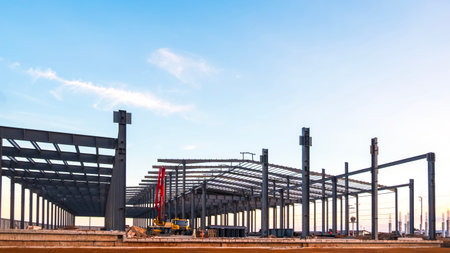 Metal structure of factory industrial building framework with crane truck on the ground in construction site area against blue evening sky backgroundの写真素材