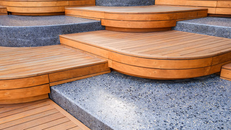 Wooden and marble seats decoration in modern curve geometric alternately and steps pattern design in...