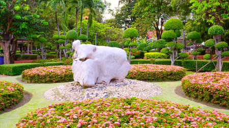 Beautiful landscaped garden with ornamental rock stone , flowers shrubs, bonsai trees, lush greenery in public park area, suitable for relaxation and nature background.の写真素材