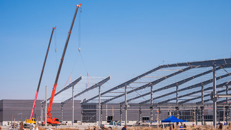Mobile cranes lifting steel roof structures during the construction of a large modern factory...