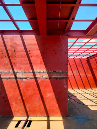 Industrial steel structure with red primed metal wall and roof beam of ship interior in shipyard construction site with light and shadow on surfaceの写真素材