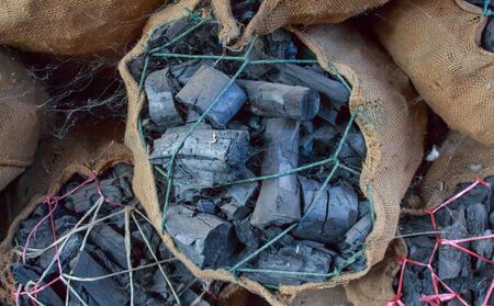 black charcoal in gunny  for saleの写真素材