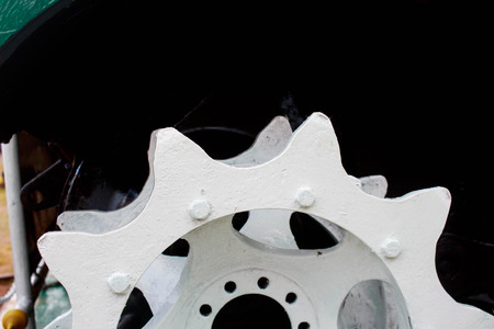 Gears and mechanisms of a tank. Black and whitの写真素材