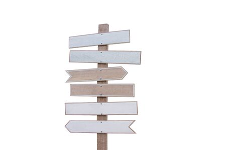 Brown and white wooden arrow sign isolated on white background for decoration the cafe and restaurant place is outdoor.の写真素材