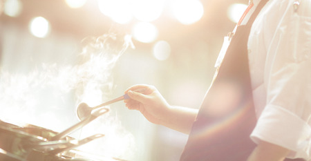 Chef preparing food, meal, in the kitchen, chef cooking, Chef decorating dish, closeup, 
chef at workの写真素材