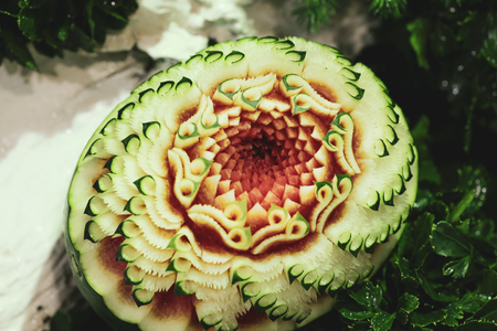 Fruit and vegetable carvings, Display thai fruit carvingの写真素材
