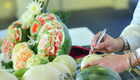 Thai fruit carving with hand, Vegetable and Fruit Carvingの写真素材