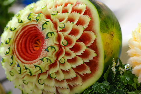 Fruit and vegetable carvings, Display thai fruit carvingの写真素材