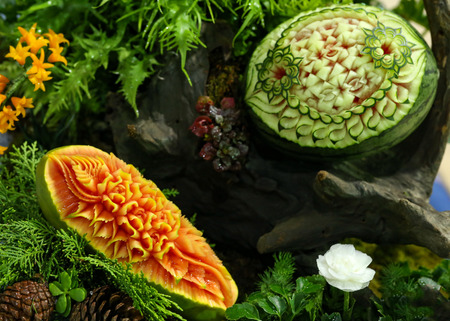 Fruit and vegetable carvings, Display thai fruit carvingの写真素材