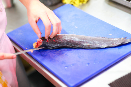 Preparing a fresh fish by gutting and filleting, chef filleting fish at the kitchen