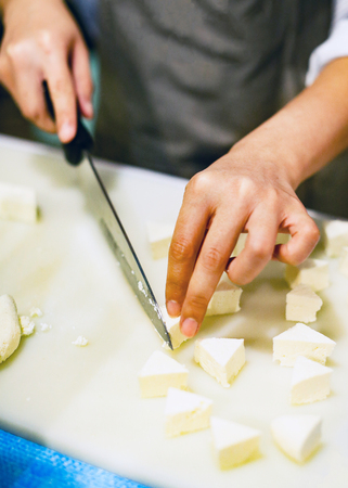 Chef slicing tofu for cooking, Chef cooking food in the kitchen, Fresh tofuの写真素材