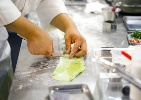 Chef Making Fresh Homemade Pasta, cooking Italian pasta, or noodlesの写真素材