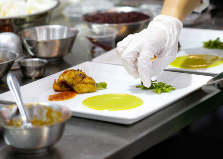 Chef preparing food, meal, in the kitchen, chef cooking, Chef decorating dish, closeupの写真素材