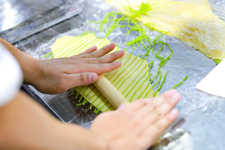 Chef Making Fresh Homemade Pasta, cooking Italian pasta, or noodlesの写真素材