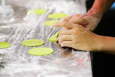 Chef Making Fresh Homemade Pasta, cooking Italian pasta, or noodlesの写真素材