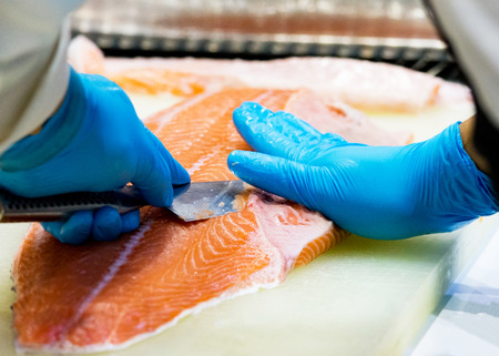 chef slicing raw fresh salmon, Chef preparing a fresh salmon on a cutting boardの写真素材