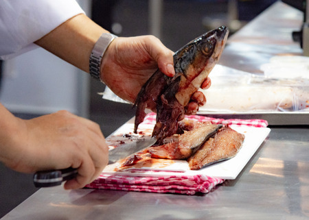 Chef cutting fish, Chef slices fish fresh on Board in the kitchenの写真素材