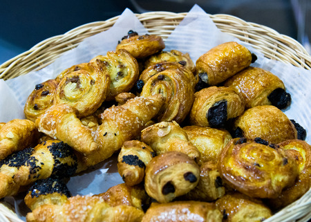 Fresh baked croissants at bakery, Freshly baked French croissantsの写真素材