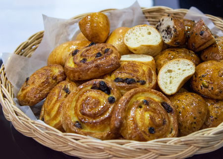 Fresh baked croissants at bakery, Freshly baked French croissantsの写真素材