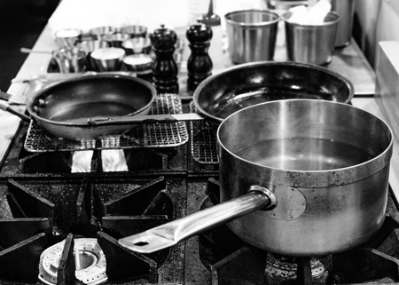 Steel pots, Stainless steel kitchenware Black & White, stove cooking, Utensils for cookingの写真素材