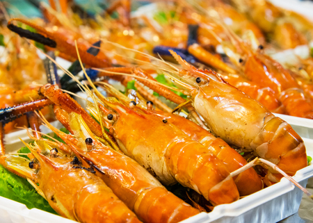 Grilled Shrimp and burn with seafood sauces, Grilled prawns on the grillの写真素材