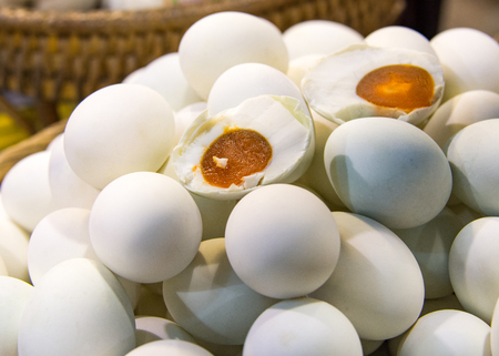 Salted duck eggs for sale in the fresh market, Yolk of salted eggsの写真素材