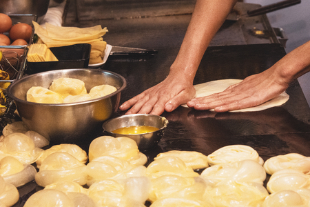 Making of Roti Canai, cooking process, Indian traditional street foodの写真素材