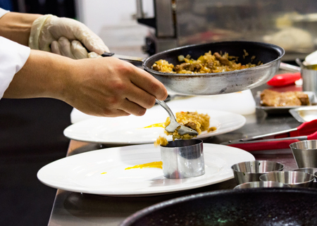 Chef preparing food, meal, in the kitchen, chef cooking, Chef decorating dish, closeup