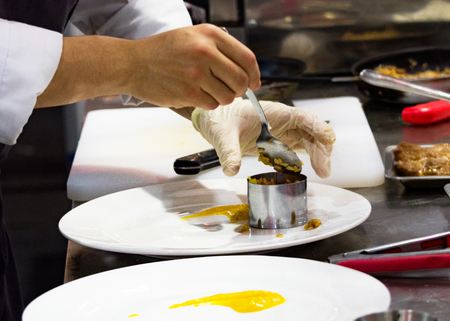 Chef preparing food, meal, in the kitchen, chef cooking, Chef decorating dish, closeupの写真素材