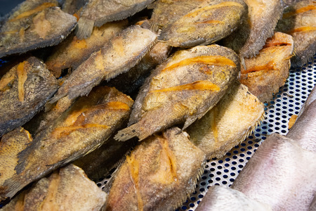 Dried fish fry for crispy, Dry fish for fried to eat  in the fish market, asia foodの写真素材